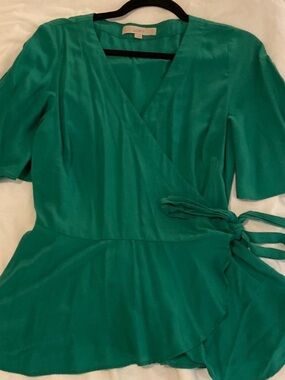 LOFT Emerald Green Wrap-Front Blouse with Tie Waist